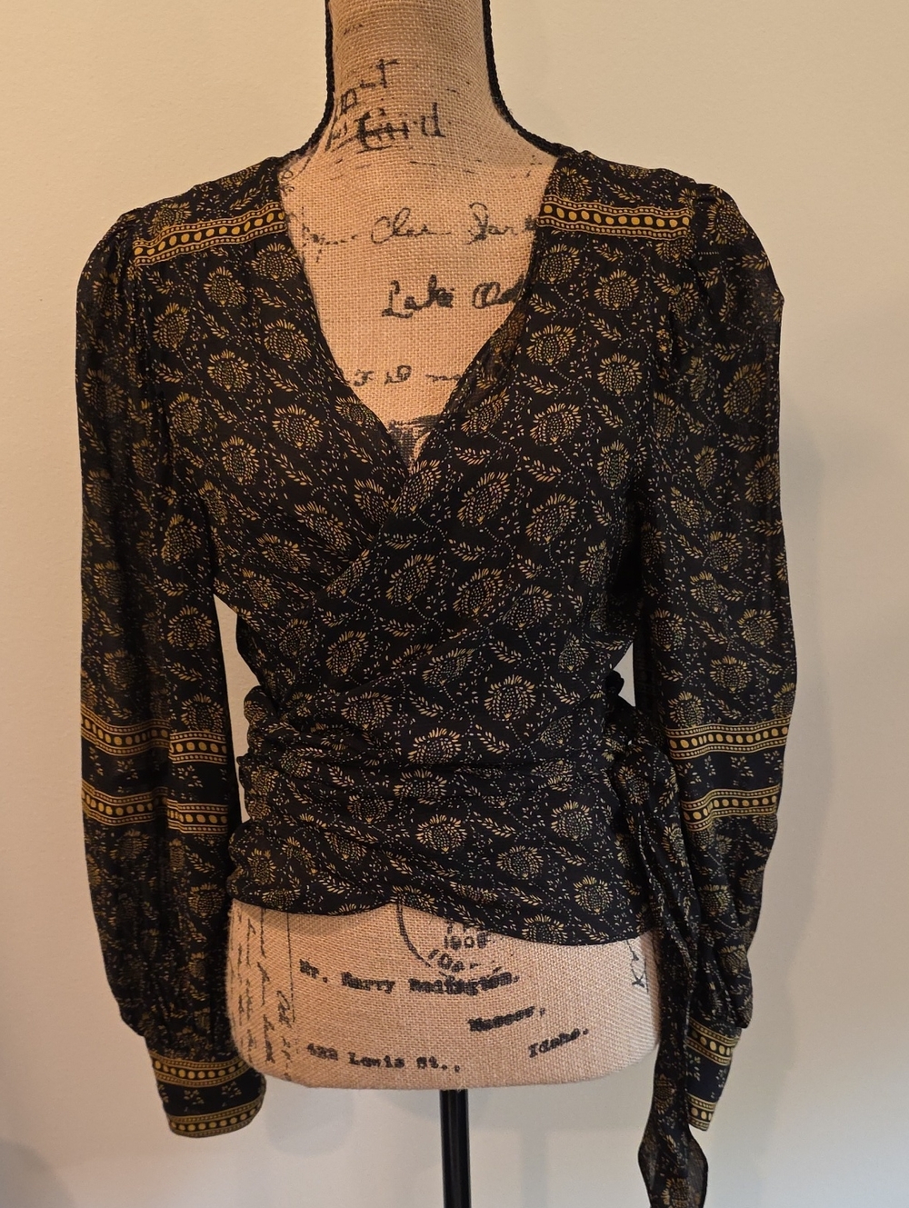 ba&sh Black Wrap Blouse with Gold Print